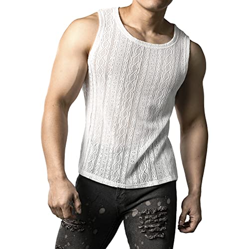 JOGAL Mens See Through Lace Shirts Sleeveless Muscle Tops4