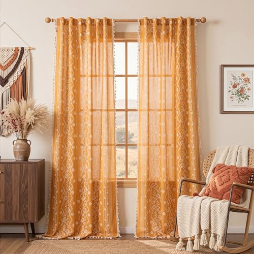 Image of MYSKY HOME Boho Floral Curtains 108 Inch Long for Living Room Golden Yellow | Linen Light Filtering Bohemian Vintage Farmhouse Semi Sheer Drapes for Dining Room with Tassels Back Tab, 50 inch Wide, 2 Panels