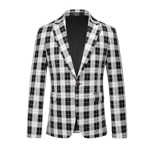 NOVELOVE Mens Blazer Plaid Sport Coats One Button Casual Slim Fit Checked Jacket US Size 42 Black White