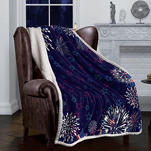 Independence Day Sherpa Fleece Throw Blanket - Patriotic And Firework On Blue Background Fluffy Super Soft Microfiber Blanket Fuzzy Blanket For Couch Bed Sofa 60 X 80 Inches #TOP2