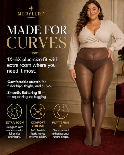 Image of MERYLURE Plus Size Sheer Tights for Women,20D Control Top Pantyhose Reinforced Toes High Waist Stockings 3 Pairs 1XL-6XL