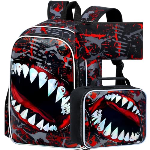 Image of 3Pcs Boys Backpack, 17 inch Shark Bookbag for Elementary Preschool Kindergarten, Kids School Backpacks with Lunch Box (Red)