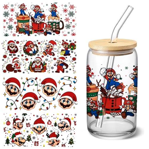 4 Sheets UV DTF Cup Wraps Transfer Stickers for Glass Christmas Cartoon Cup Wraps Decal Stickers for Tumbler Cups (D)