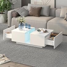 HedoAjim White Led Coffee Table for Living Room, Rectangular Living Room Table with Storage, Acrylic Coffee Tables with 2 Sliding Drawers, Wood Center Table for Reception Dinning Room