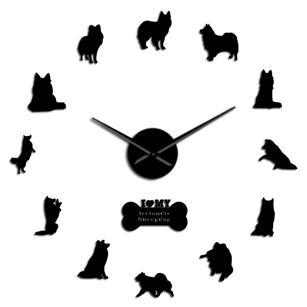 Grande horloge murale cadeau passionné chien de berger d'Islande stickers noirs salon