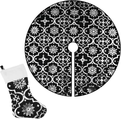 Flash World 36 Inch Large Christmas Tree Skirt Xmas Soft Cover Mat Decor Snowflake Collar Farmhouse Tree Skirt for Holiday Ornaments Party Home Indoor Decorations (Black, 52inch)