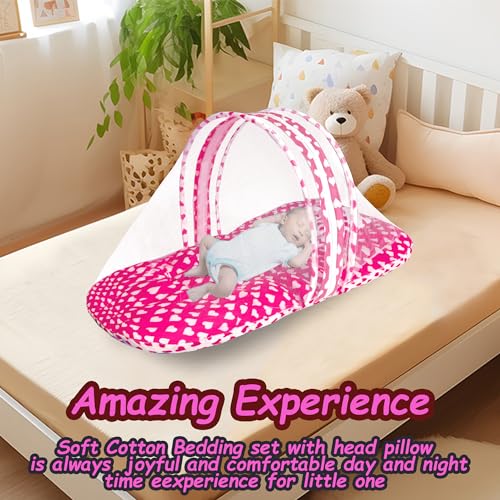 Image of VParents Rosy Pink Cotton Bedding Set & Mosquito Net