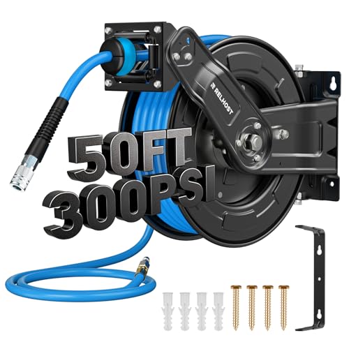 Relhost Retractable Air Hose Reel, 50 ft x 3/8 in Hybrid Air Hose Max 300PSI, Heavy Duty Air...