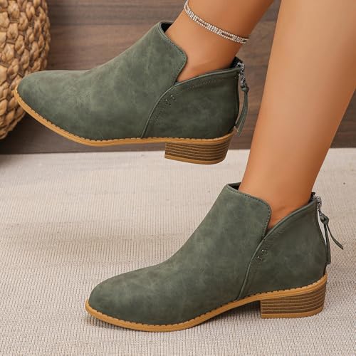 Ankle Booties for Women Casual Dress Low Heeled Booties Side V Cutout Comfortable Slip on Short Boots Fashion Suede Chunky Stacked Heel Back Zipper Pull-On Western Boots Shoes3