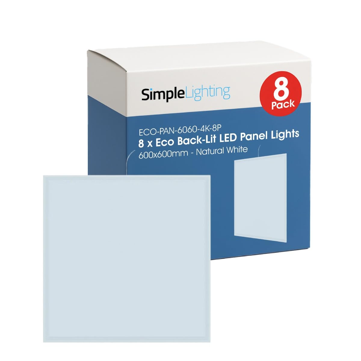 Simple Lighting® Pack of 8 LED Panel Lights 600x600mm, 36W, 3600LM Each, 4000K Natural White, IP20 Backlit Flicker-Free, Office Commercial Ceiling Lighting