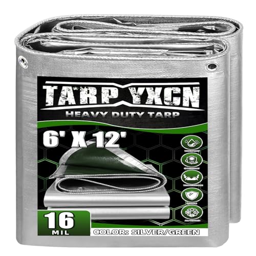 TA*RP YXCN Extra Heavy Duty Tarp 6x12 Ft 16 Mil Thick Waterproof Poly Tarps Cover UV Resistant Rip & Tear Proof with Metal Grommets Every 20 Inche (Silver/Green)