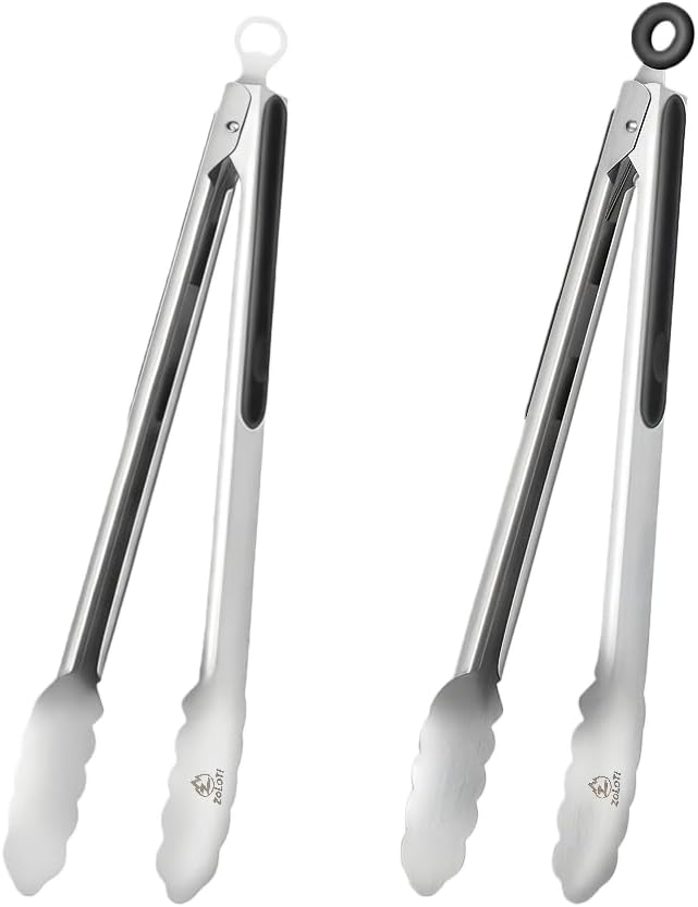 ZOLOTI 12" Stainless Steel Grill Tongs 2-Pack with Built-in Bottle Opener, Heat-Resistant Silicone Grips for BBQ, Camping & Kitchen