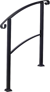 Black Outdoor Handrail, Steel 1-3 Step Stair Handrail, 55" x 37" Fits 1 to 3 Steps,Handrails for Outdoor Steps Wrought Iron Handrail Flexible Front Porch Hand Rail for Concrete Steps or Wooden Stairs