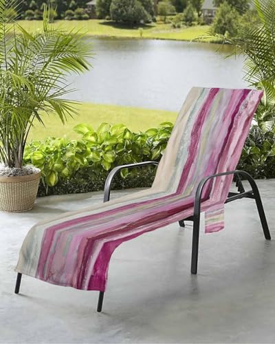 Beach Pool Patio Lounge Chaise Chair Cover Towel With Pockets,Abstract Red Absorbent & Quick Dry Microfiber Towel Cover Bag Summer Travel Accessories for Sunbathing Modern Ombre Ocean Striped Wave Art