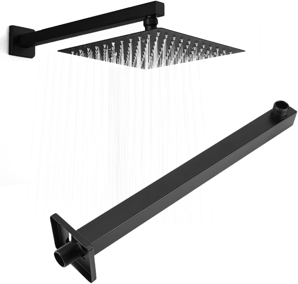 Braccio doccia a parete nero, braccio doccia quadrata a parete, Accessori da bagno con braccio di prolunga per soffione doccia dritto quadrato in acciaio inossidabile montato a parete da 14 pollici