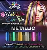 Nevayah Hair Chalk Temporary Hair Multicolor Dye Pens, Purple / Sapphire Blue / Pink / Gold / Silver / Green (6 Pens)|Silver and Green Rainbow Colors Last Up to 3 Days with Built In Sealant. Works on All Hair Colors. Great for Tinting Eyebrows