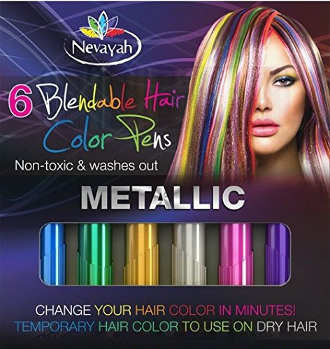 Nevayah Hair Chalk Temporary Hair Multicolor Dye Pens, Purple / Sapphire Blue / Pink / Gold / Silver / Green (6 Pens)|Silver and Green Rainbow Colors Last Up to 3 Days with Built In Sealant. Works on All Hair Colors. Great for Tinting Eyebrows