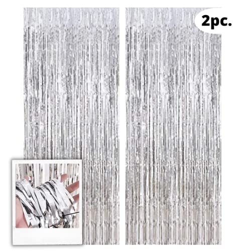 Image of 3 ft X 6 ft Metallic Silver Foil Curtain for Birthday Decorations /Anniversary (2 pc Silver Metallic Foil Fringe Curtain)