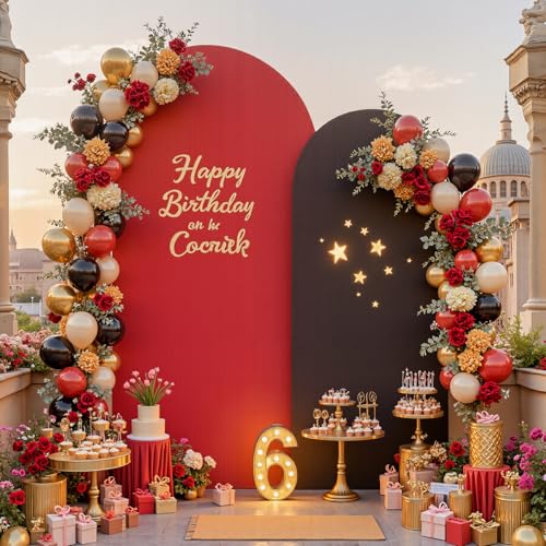 Image of Black Red Arch Cover 2 Set-7.2 and 6ft Arch Backdrop Cover Spandex Wedding Arch Stand Covers for Birthday Party Baby Shower Retirement Graduation Banquet Halloween Photo Background Decorations
