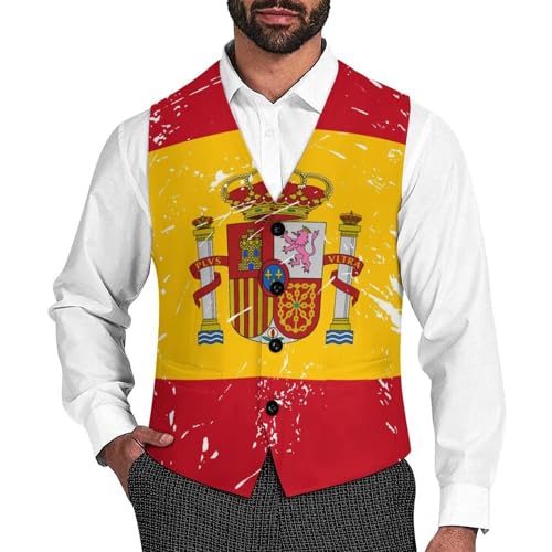 Spain Vintage Flag Suit Vest for Men Slim Fit Sleeveless Jacket V Neck Business Waistcoat Button Up Dressy Top
