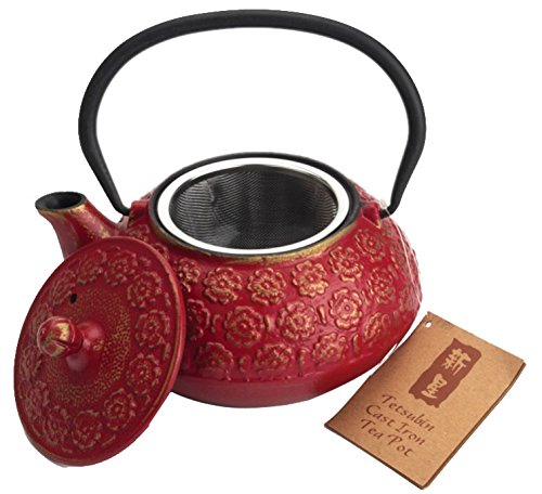 M.V. Trading T8200 Cast Iron Tea Set with Trivet, 22 Ounce, Burgundy Floral Design