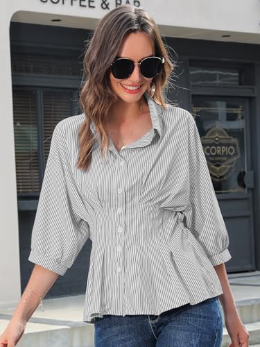 Women Pleated Peplum Blouse 3/4 Sleeve Button Down Cinched Waist Shirt Fitted Flattering Office Daytime Top
