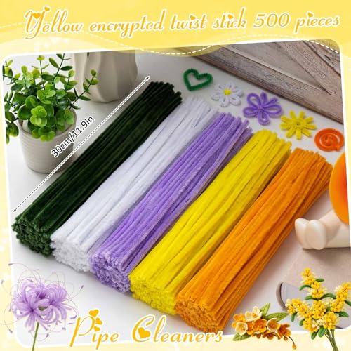 Image of Peryiter 500pcs Pipe Cleaner Craft Pack, Yellow & Purple Flower, 12 Inch