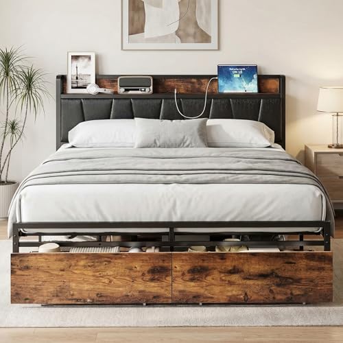Image of LIKIMIO Full Size Bed Frame with 2 Drawers and Charging Station | Platform Bed with Upholstered Storage Headboard, No Box Spring Needed, Easy Assembly, Sturdy, Industrial Brown and Black