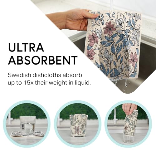 Image of Swedish Wholesale Dishcloths Reusable 8 inch x 7 inch Sponge Cloths, Bulk 10 Pack of High Absorbent Cellulose Dish & Kitchen Cleaning Hand Towels, Wring to Dry & Machine Wash, Odor Resistant, Mini Flower