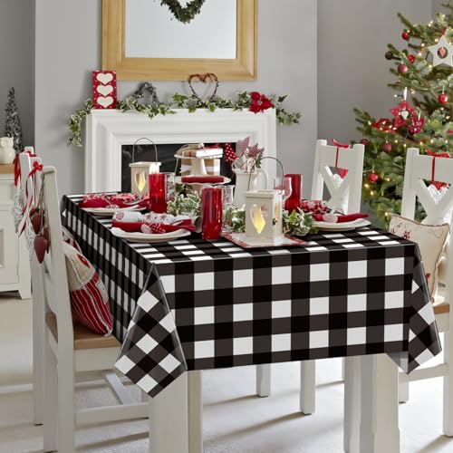 Image of Hxezoc Buffalo Plaid Plastic Tablecloth, 54 x 108 Inch Black and White Checkered Disposable Winter Table Cover for Birthday Party Decorations Outdoor Indoor Party Supplies