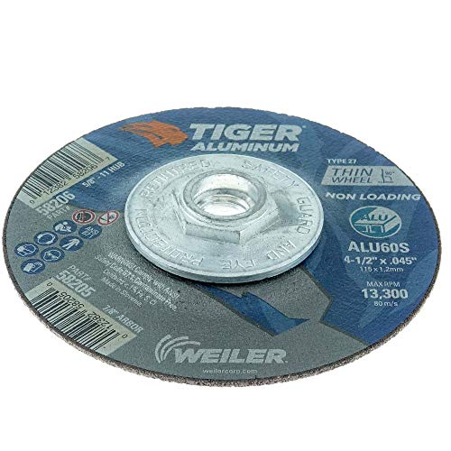 Image of Weiler 58206 4-1 /2 Inch Cutting Wheel, Tiger Aluminum Non-loading Contaminant-free High Performance Cutting, .045 inch ALU60S Type 27 5 /8 inch-11 Hub, Pack of 10