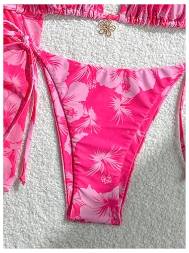 Verdusa Women's 3 Piece Floral Halter Triangle Bikini Set Tie Back Swimsuit with Cover Up Skirt4