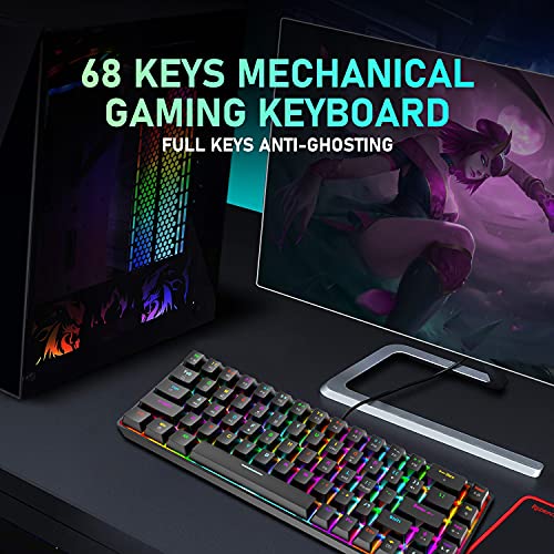 60% Mechanical Gaming Keyboard Blue Switch Mini 68 Keys Wired Type C 18 Backlit Effects,Lightweight Rgb 6400Dpi Honeycomb Optical Mouse,Gaming Mouse Pad For Gamers And Typists (Black/Tea Axis) #TOP2