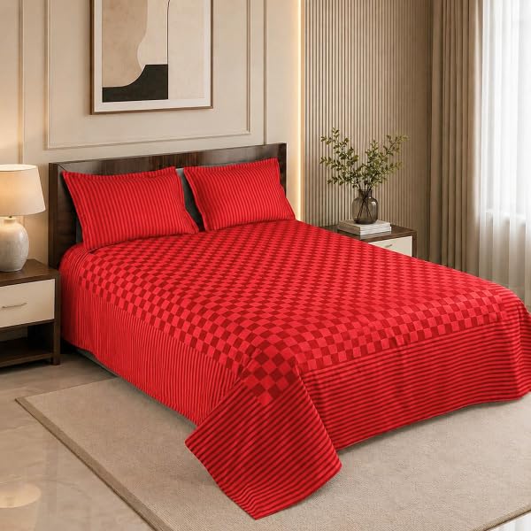Victor Prima Poly Cotton 300 TC Checked Bed Cover for Double Bed with 2 Pillow Covers (Red)-image-1