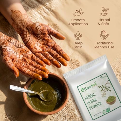 Image of HENNAHUB Herbal Henna Powder 1kg, Triple Filter For Hair And Hand with FREE IRON BOWL, Hair dye brush, shower cap, gloves, 100% Pure Ayurvedic Product With Amla Reetha Shikakai with other herbs