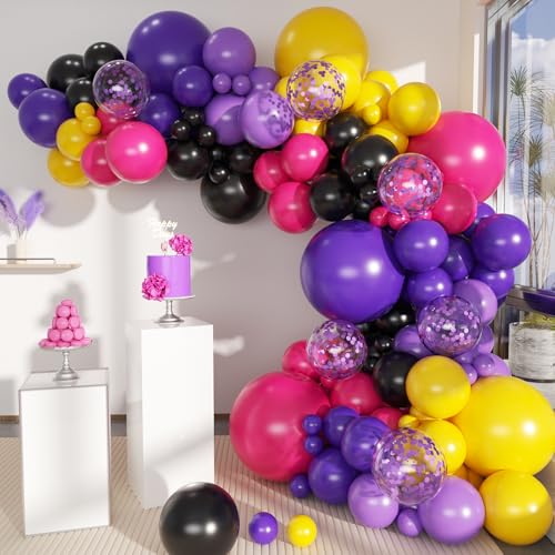 Image of MEBAY Hot Pink Purple Black Yellow Baloon Garland Arch Kit, 146Pcs Latex Balloons Different Sizes 18 12 10 5 inch for Birthday Wedding Graduation Engagement Party Decorations