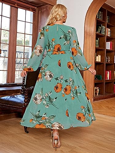 Image of Simplee Women's Plus Size Easter Dress Spring Long Sleeve Floral Maxi Dress V Neck Empire Waist Boho Maternity Dress for Photoshoot (3XL Lake Green)