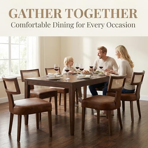 Image of HNY Mid Century Modern Rattan Dining Chairs Set of 6, Farmhouse PU Leather Upholstered Accent Chair Curved Backrest Kitchen Chairs, with Hardwood Frame, Brown