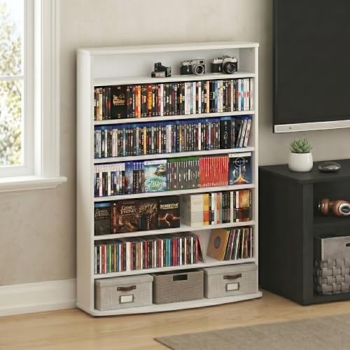 Image of Furinno Jaya DVD Shelf, 7-Tier Wide CD Rack, Media Shelf, White | Open Shelf, Adjustable Shelves, DVD Storage Cabinets for CD Blueray Game Disc, Easy Assembly, for Living Room, Home Office