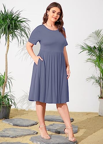 Image of POSESHE Womens Plus Size Summer Dress 2026 Casual Short Sleeve Empire Waist Loose Fit Swing T-Shirt Dress with Pockets