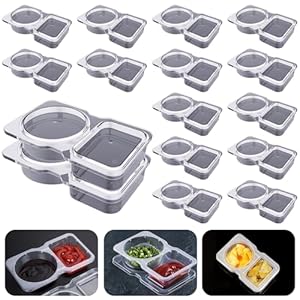 Double Compartment Condiment Containers with Lids, 2024 New Disposable 2 Compartment Snack Containers, Portion Cups Reusable Plastic Snack Container for to-go Sauce, Sampling, Travel Snack – 16 Pcs