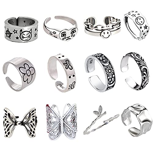 12PCS Silver Y2K Plate Rings Set,Open Adjustable Cute Smiley Face Rings,Flower sterling Butterfly Rings Pack,Vintage Alt Punk Chunky Rings,Indie Jewelry for Women(style 1)