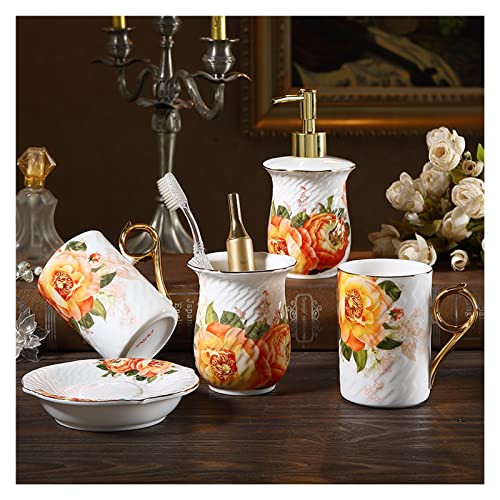 KHYTEBV 5-teiliges Badezimmer-Zubehörset aus Keramik, handbemaltes Badezimmer-Dekor-Set mit orangefarbener Blume, einschließlich Lotionspender, Zahnbürstenhalter und 2 Mundspülungen