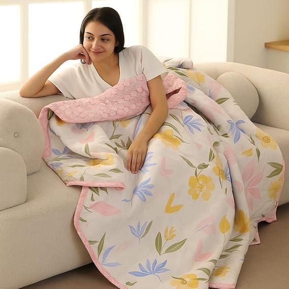 Image of MITUL AC Comforter for Double Bed Or Single Bed Ultrasoft AllSeason Polyster Dohar Duvet Light Wight (RED Yellow Flower Design, Single Bed)