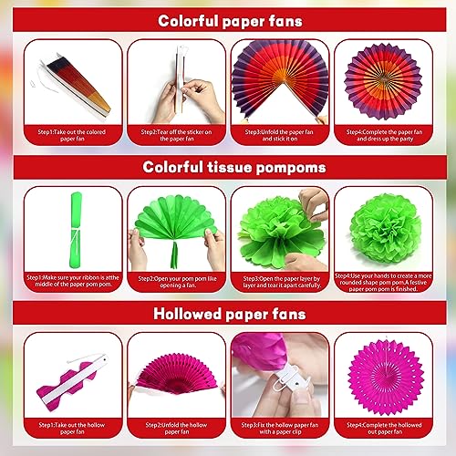 Image of Fiesta Party Decorations Set 33Pcs, Multi-Color Cinco De Mayo Hanging Paper Fans, Paper Pom Poms, Pennant, Garland String and Banner for Fiesta, Cinco de Mayo, Birthday, Wedding or Mexican Party