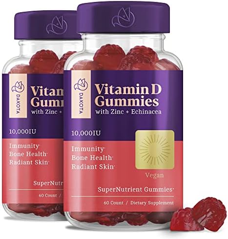 Vegan Vitamin D3 10000 IU Gummies with Zinc Echinacea Vit D Chewable Supplements for Adults Kids - Vitamina Vitimin. D 3 Gummie Immune Bone Support, Alternative to Liquid Drops, Tablets (2 Pack)