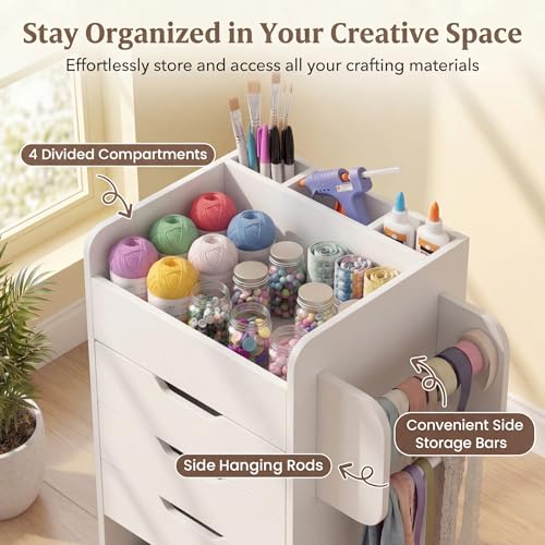Image of Tangkula Rolling Storage Cart with Drawers, Wooden Drawer Cart w /Lockable Casters, Utility Storage Cart w /3 Shelves, Slots & Dowels, Mobile Organizer Cabinet on Wheels for Room Office Work Study