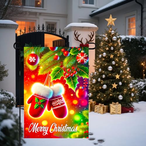 Image of BlissYard Christmas Garden Flag 12x18 Inch Red Mittens Holly Yard Decor | Double sided polyester, red mittens holly design, cozy winter home decor for Christmas porch and yard