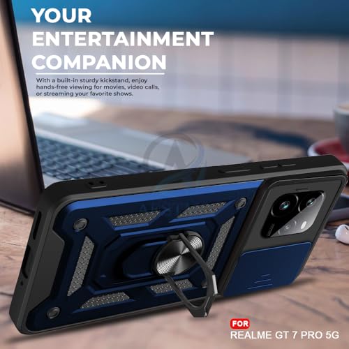 Image of AESTMO Tough Armor Realme GT 7 Pro 5G Bumper Back Case Cover | Ring Holder & Sliding Camera Shield Cover | 360 Degree Protection Back Case Cover for Realme GT 7 Pro 5G (Blue)