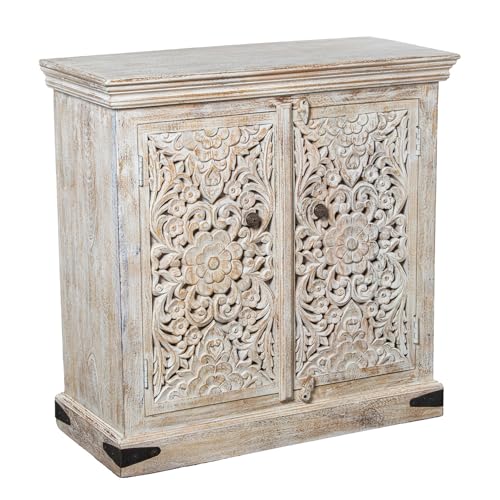 DRW Taquillon Mueble de Entrada con 2 Puertas talladas Mandalas de Madera en Blanco decape 90x40x90 cm
